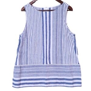J.Jill 100% Linen Striped Sleeveless Tank Top L Blue White Flowy Fit Summer Boho